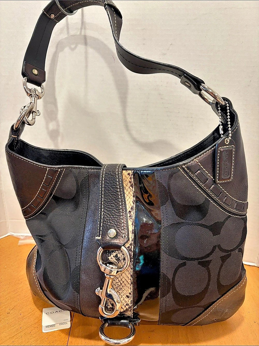 Coach Hamptons Legacy Signature Python Stripe Hobo Bag Black & Brown